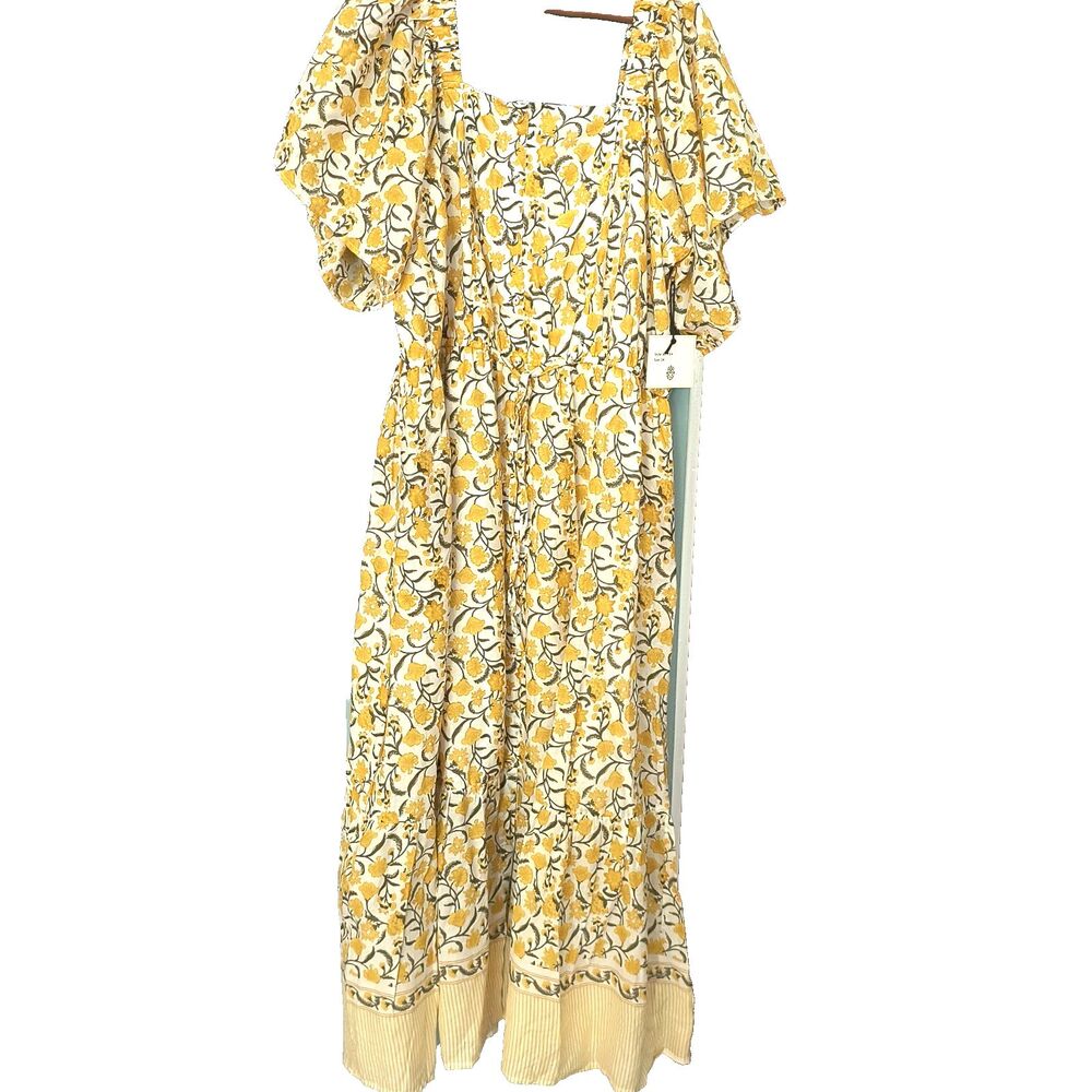 Lea Maxi Dress NEW 2X  Yellow & White Floral Cottagecore Boho Peasant Smocking